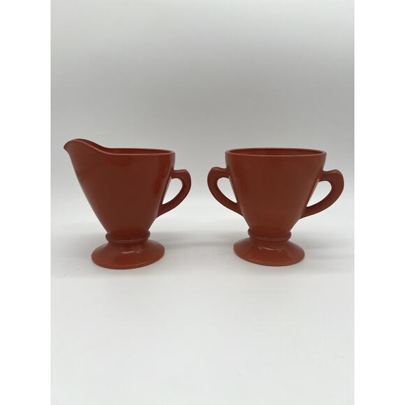 Vintage Hazel Atlas Glass Rust Orange Mid-Century Footed Open Creamer & Sugar - Picture 2 of 8